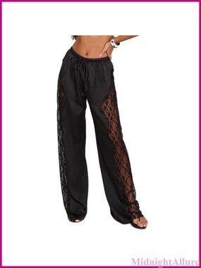 Women Satin Wide Leg Lounge Pants Sheer Lace Side Drawstring